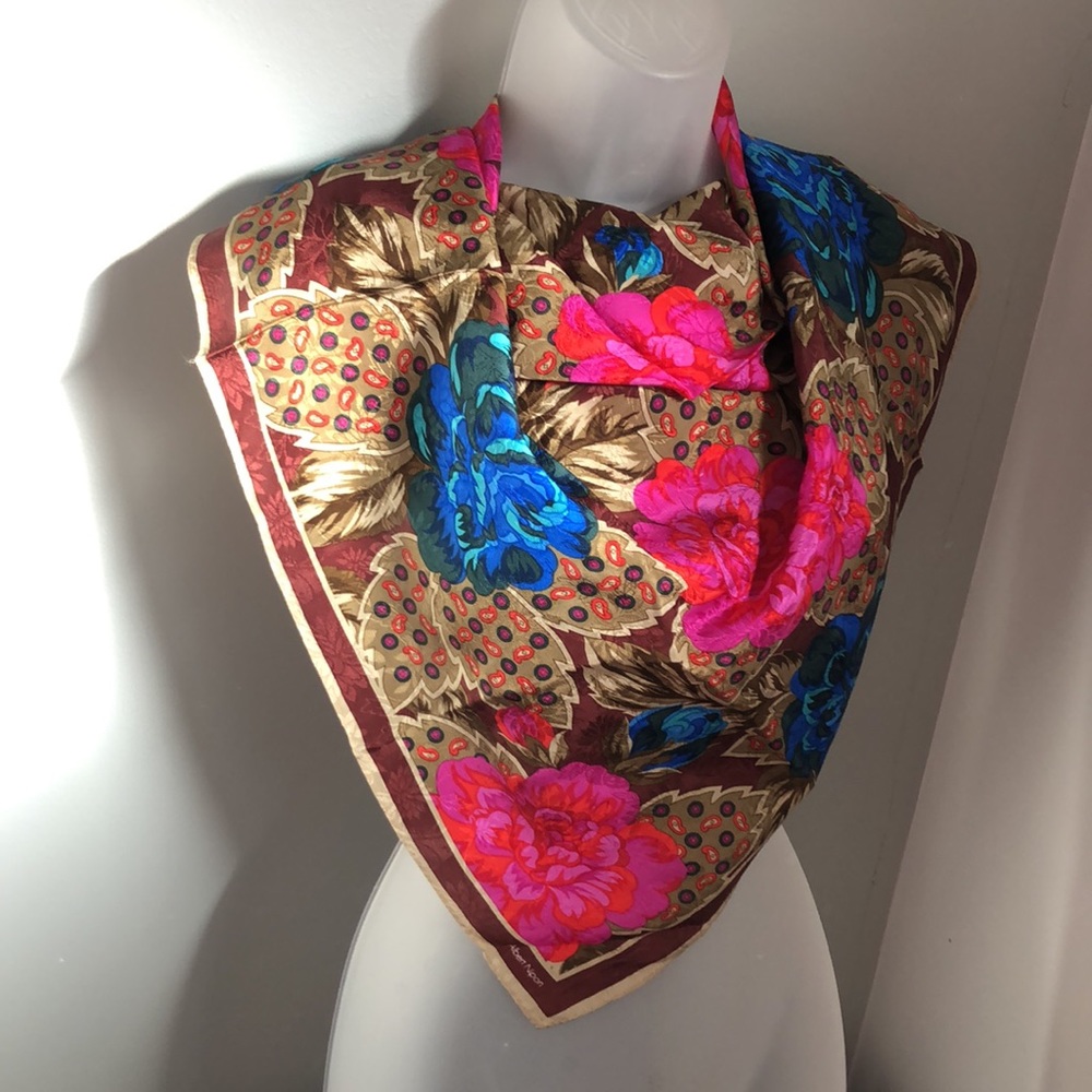Vtg Albert Nipon Peonies Bold Colors Pattern Square Silk Scarf